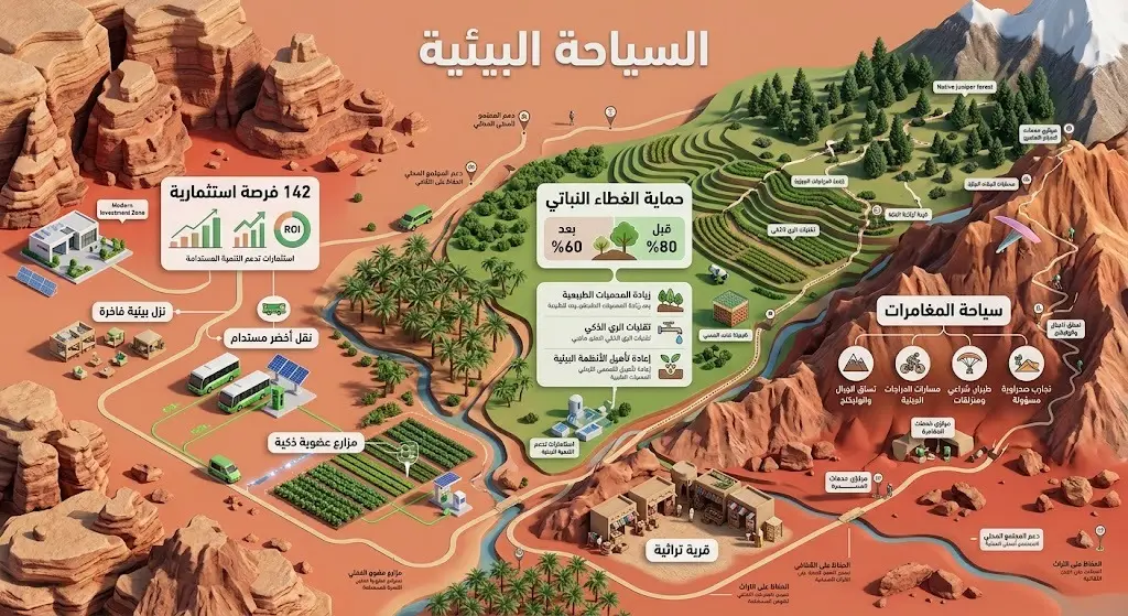 رسم بياني ثلاثي الأبعاد يستعرض جهود دعم السياحة البيئية في تبوك، موضحاً الفرص الاستثمارية وحماية الغطاء النباتي وسياحة المغامرات.