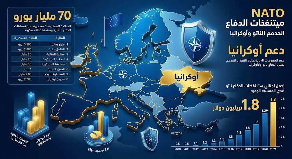 إنفوجرافيك مالي وعسكري يستعرض حجم الإنفاق الدفاعي لدول الناتو وحزم الدعم الضخمة المخصصة لأوكرانيا.
