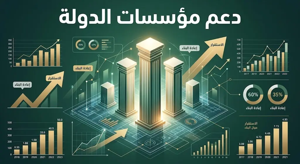 تصميم تعبيري وإنفوجرافيك يجسد دعم مؤسسات الدولة السورية وجهود الاستقرار وإعادة البناء.