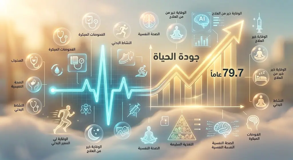تصميم بصري إبداعي يعبر عن ارتفاع مؤشرات جودة الحياة ومتوسط العمر المتوقع إلى 79.7 عاماً في السعودية.