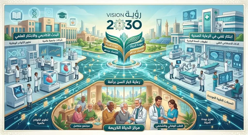 تصميم تعبيري متطور يربط بين الابتكارات التقنية في الرعاية الصحية، الأبحاث الجامعية، ومستهدفات رؤية المملكة 2030 نحو تحسين جودة الحياة.