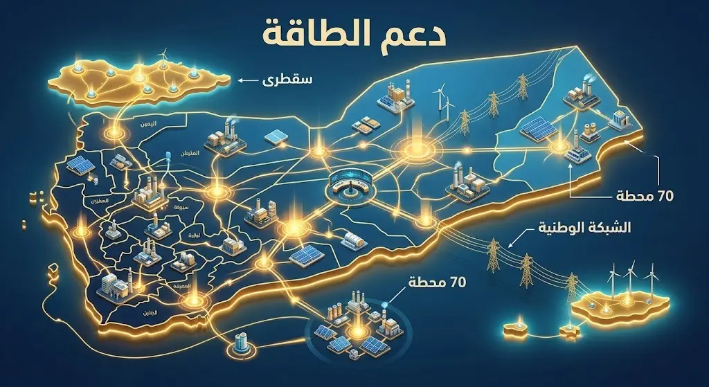 تصميم بياني يوضح انتشار وتوهج محطات الطاقة المدعومة في المحافظات اليمنية مع إبراز خاص لجزيرة سقطرى.