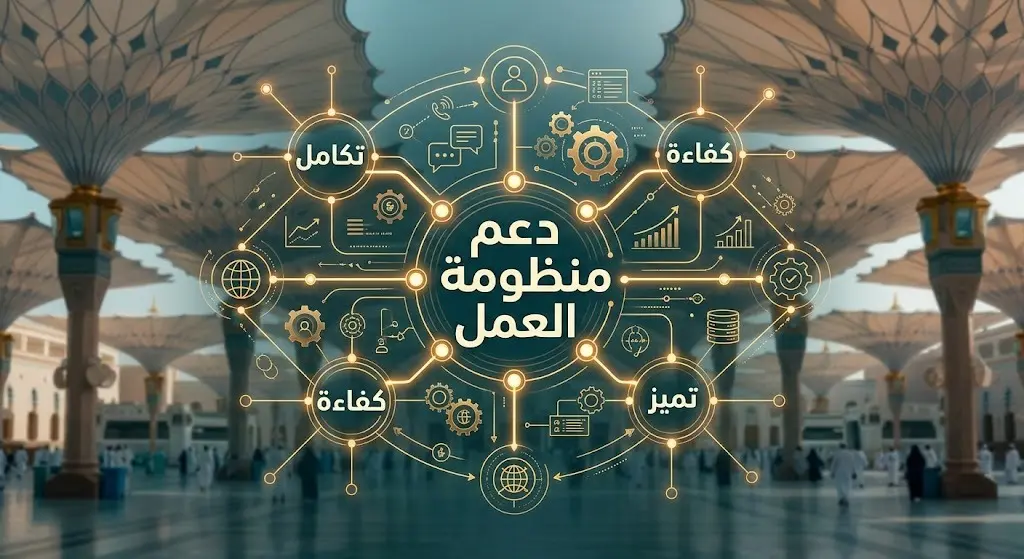 رسم تعبيري إبداعي يدمج بين تظليل مظلات المسجد النبوي وشبكة مضيئة ترمز لتكامل وكفاءة منظومة العمل خلال موسم العمرة.