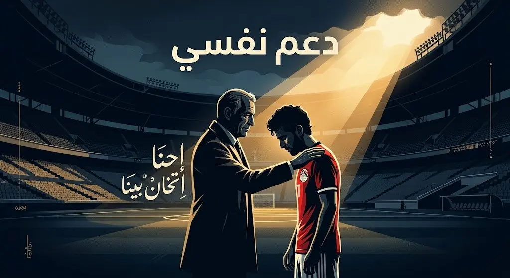 لوحة تعبيرية تظهر دعماً معنوياً من مدرب مخضرم للمدير الفني حسام حسن ولاعبي منتخب مصر وسط أجواء تمتزج فيها مشاعر الحزن والمؤازرة.