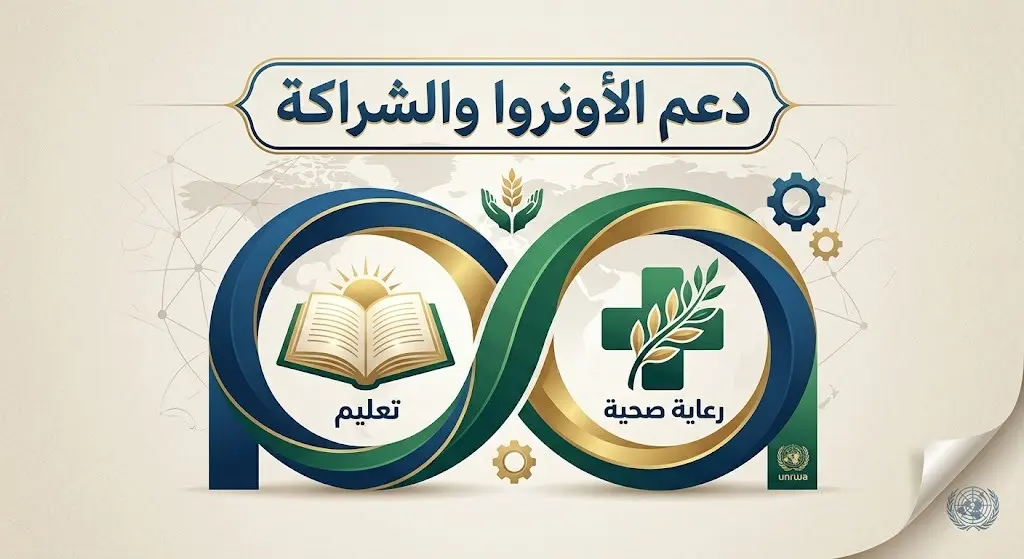 تصميم تعبيري يبرز أهمية دعم وكالة الأونروا والشراكة الإستراتيجية بين السعودية والولايات المتحدة.