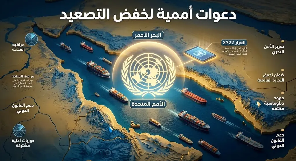 إنفوجرافيك يوضح دعوات الأمم المتحدة لخفض التصعيد وحماية الملاحة التجارية في البحر الأحمر والممرات الدولية
