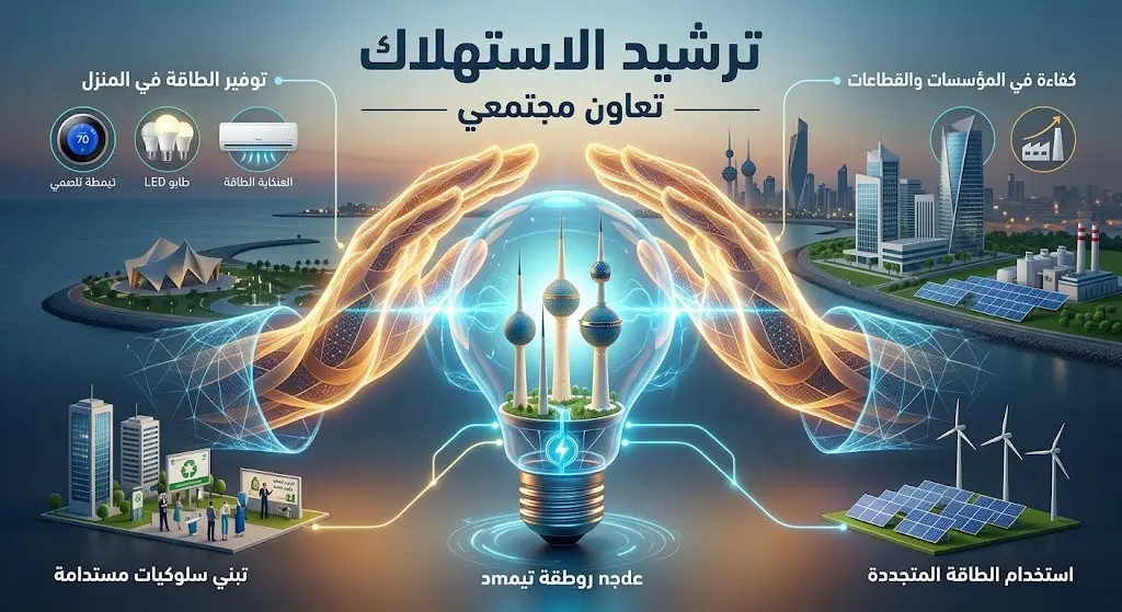 تصميم تعبيري يدعو لترشيد استهلاك الكهرباء وإبراز التكاتف المجتمعي في الكويت لتجاوز الأزمة.