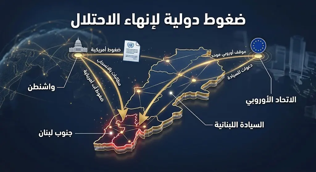 إنفوجرافيك يوضح مسار الضغوط الدبلوماسية الدولية من الولايات المتحدة والاتحاد الأوروبي لانسحاب الاحتلال من لبنان