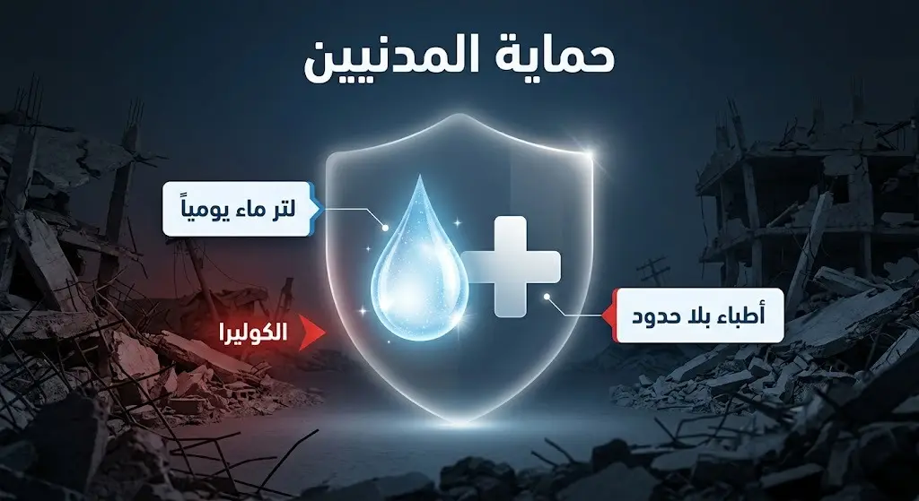 رسم تعبيري يبرز الدعوات لحماية المدنيين وتأثير نقص المياه وتفشي الأمراض كالكوليرا في السودان.