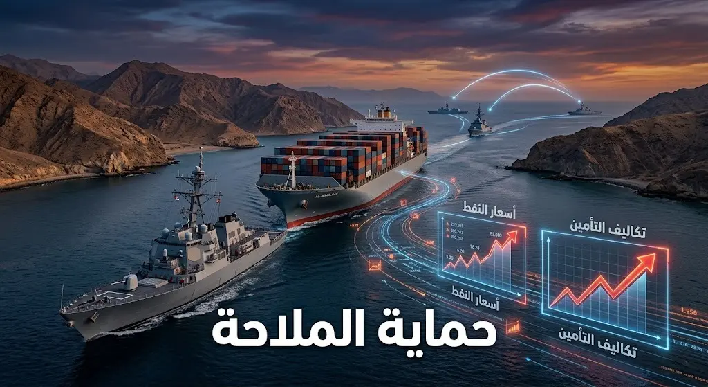 تصميم يعبر عن جهود تأمين مضيق باب المندب وحماية السفن التجارية وسط مخاوف من ارتفاع أسعار النفط وتكاليف التأمين.
