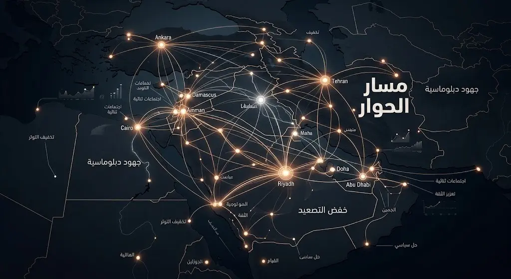 رسم تعبيري يظهر شبكة من خطوط التواصل الدبلوماسية المضيئة تعبيراً عن مساعي احتواء الأزمة