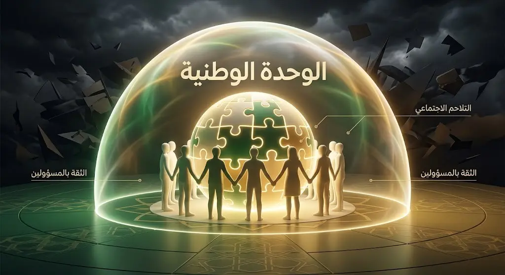 تصميم إنفوجرافيك يرمز للوحدة الوطنية الإيرانية وتلاحم المجتمع تحت مظلة واقية ضد التهديدات.