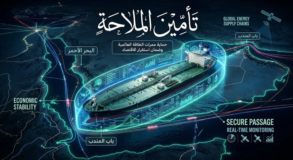 تصميم بصري درامي يظهر ناقلة نفط تعبر ممراً مائياً آمناً ومضاءً بشبكات بيانات رقمية تمثل البحر الأحمر ومضيق باب المندب.
