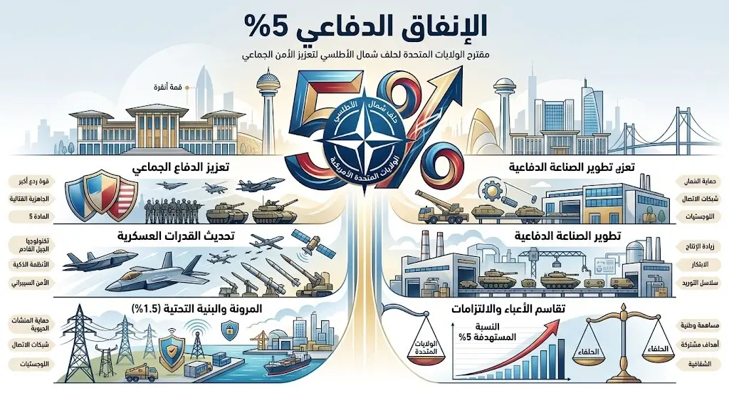 تصميم غرافيكي يوضح المقترح الأمريكي برفع الإنفاق الدفاعي لدول الناتو إلى 5% خلال قمة أنقرة.