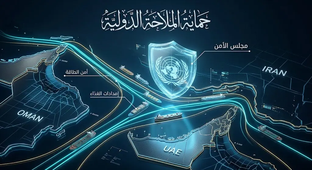 إنفوجرافيك ثلاثي الأبعاد يوضح مضيق هرمز ومسارات التجارة العالمية مع درع حماية يرمز لتدخل المجتمع الدولي ومجلس الأمن.