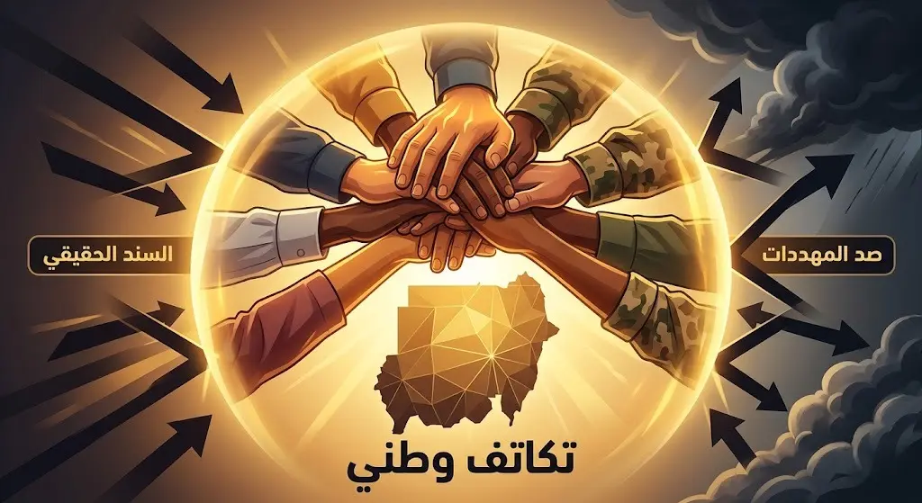 مشهد تعبيري يجسد تلاحم الأيدي بين المدنيين وأفراد الجيش لتشكيل درع وطني متين يحمي البلاد من التهديدات الخارجية.