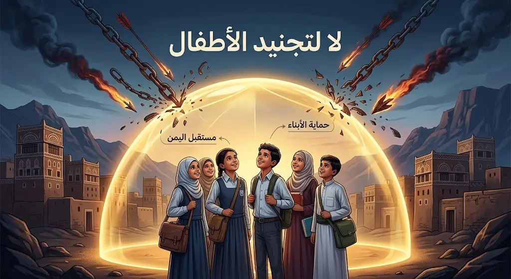 تصميم تعبيري يجسد حماية الأطفال والشباب في اليمن من حملات التجنيد الإجباري وويلات الحرب