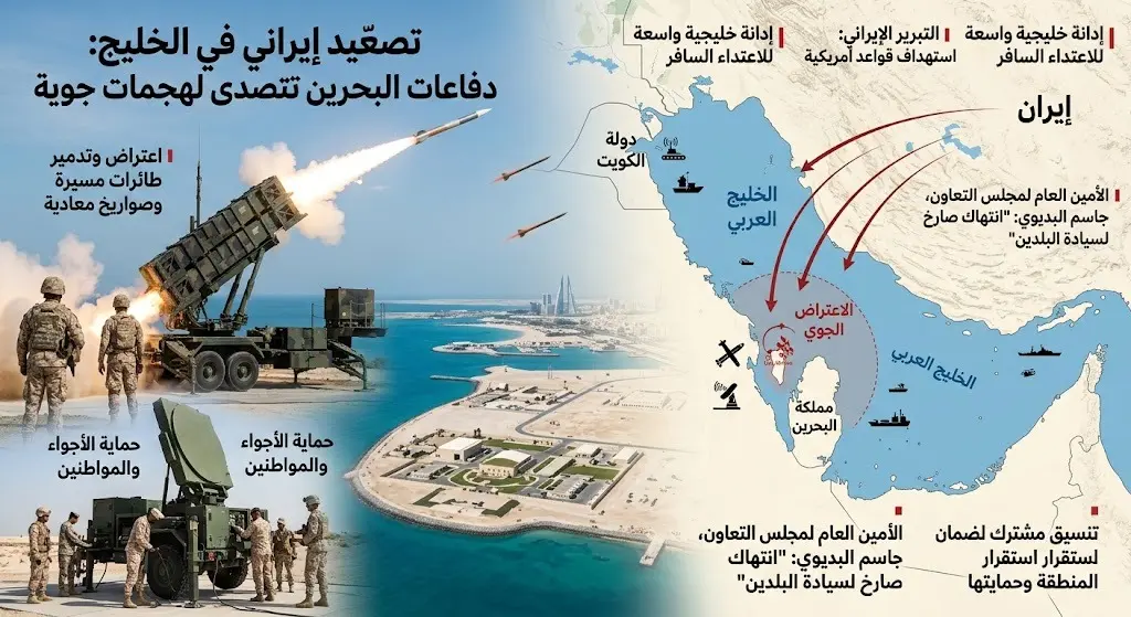 دفاعات البحرين تعترض هجمات جوية إيرانية غادرة والحرس الثوري يبرر تصعيده باستهداف قواعد أمريكية