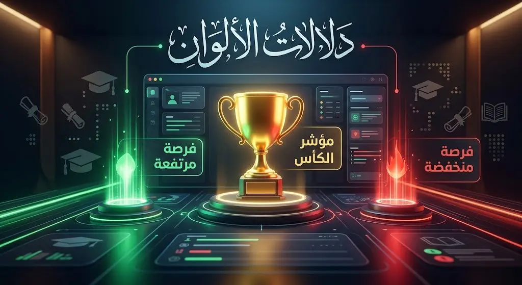 إنفوجرافيك يوضح دلالات الألوان في منصة قبول، حيث يشير الأخضر لفرصة مرتفعة والأحمر لفرصة منخفضة، مع إبراز رمز الكأس.