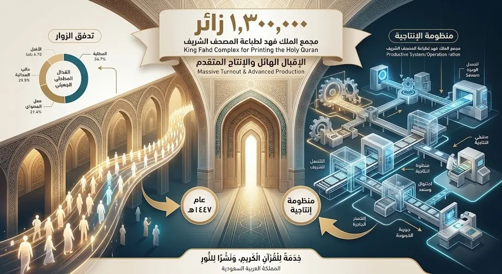 إنفوجرافيك إبداعي يبرز توافد 1.3 مليون زائر لمجمع الملك فهد لطباعة المصحف الشريف ويدمج بين التطور التقني والمنظومة الإنتاجية.