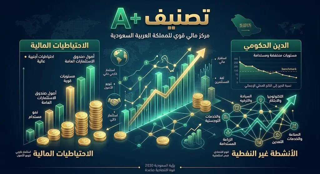 إنفوجرافيك يوضح التصنيف الائتماني للسعودية A+ من وكالة فيتش مع مؤشرات المركز المالي ونمو الأنشطة غير النفطية.
