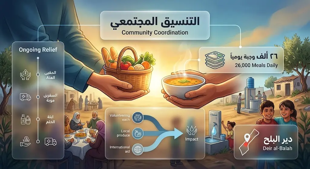 تصميم تعبيري يدمج بين مفهوم الإغاثة الإنسانية والتنسيق المجتمعي، مع لوحات بيانات توضح توزيع 26 ألف وجبة يومياً للنازحين.