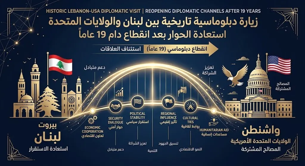 إنفوجرافيك يوضح استئناف العلاقات الرئاسية بين لبنان والولايات المتحدة بعد انقطاع دام 19 عاماً، مع إبراز الجسر الدبلوماسي بين البلدين.
