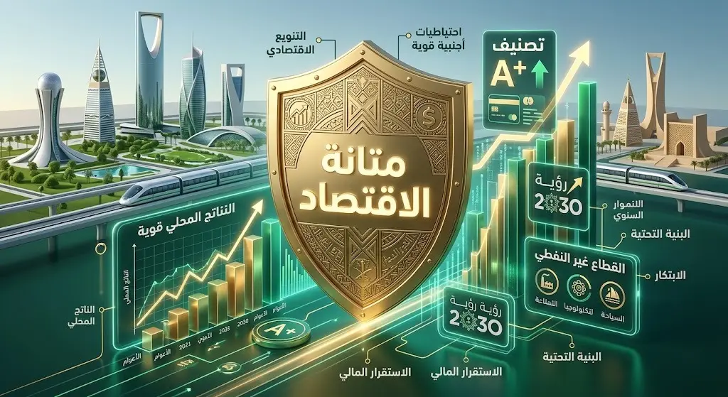 تصميم إنفوجرافيك تعبيري يجسد متانة الاقتصاد السعودي والملاءة المالية القوية متضمناً مؤشرات تصنيف A+ ورؤية 2030.