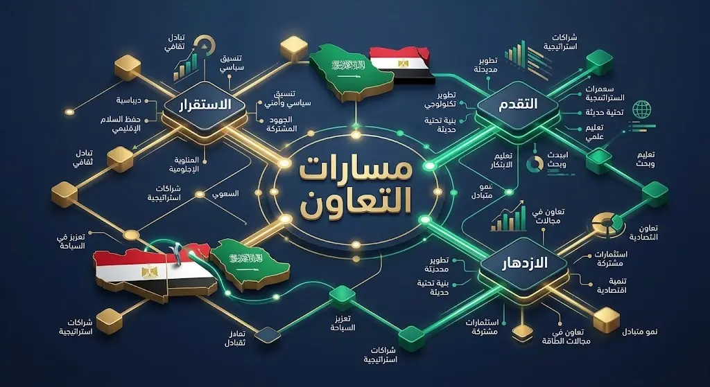 إنفوجرافيك احترافي يوضح مسارات التعاون والتنسيق المشترك بين السعودية ومصر في مجالات الاستقرار والازدهار