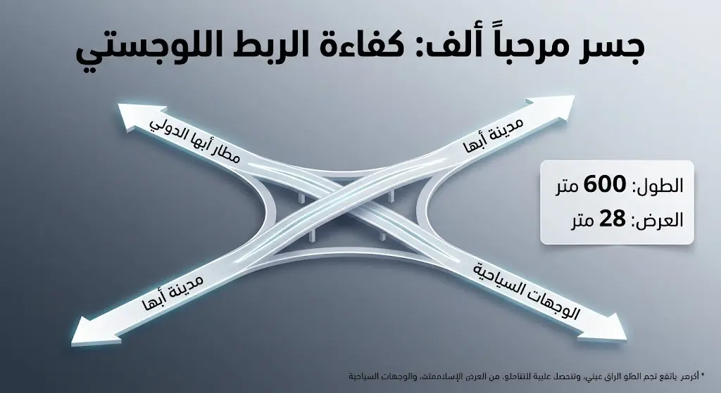 إنفوجرافيك توضيحي لخصائص جسر مرحباً ألف بأبها يوضح أبعاد الهندسة ومسارات الربط المباشر بين المطار والمدينة والمواقع السياحية.