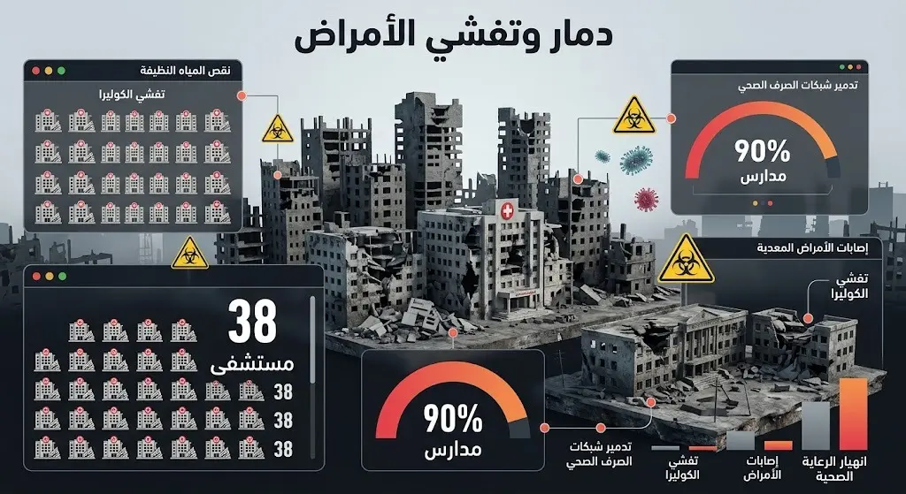 تصميم بياني يوضح بالأرقام والرموز حجم الدمار الهائل الذي لحق بالبنية التحتية والمستشفيات والمدارس، وتداعياته في انتشار الأمراض.