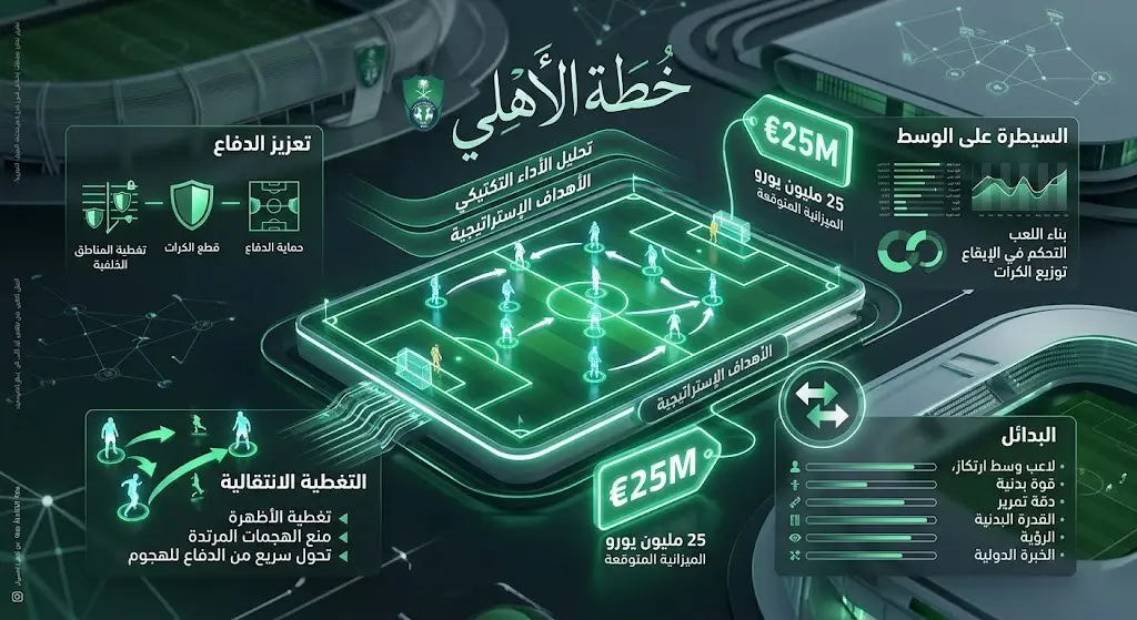 إنفوجرافيك تكتيكي يوضح دوافع النادي الأهلي لتعزيز خط الوسط وتفاصيل الصفقة التي تبلغ قيمتها 25 مليون يورو.
