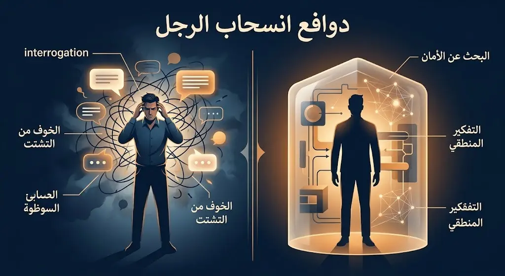 تصميم تعبيري وإنفوجرافيك يوضح الدوافع النفسية لانسحاب الرجل أثناء النقاشات الزوجية، كالبحث عن الأمان وتجنب التشتت والقلق