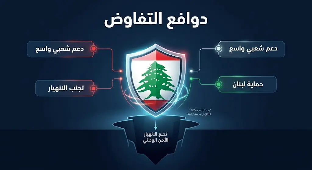 تصميم غرافيكي يوضح الدوافع الداخلية اللبنانية لدعم خيار التفاوض بهدف حماية البلاد وتجنب الانهيار.