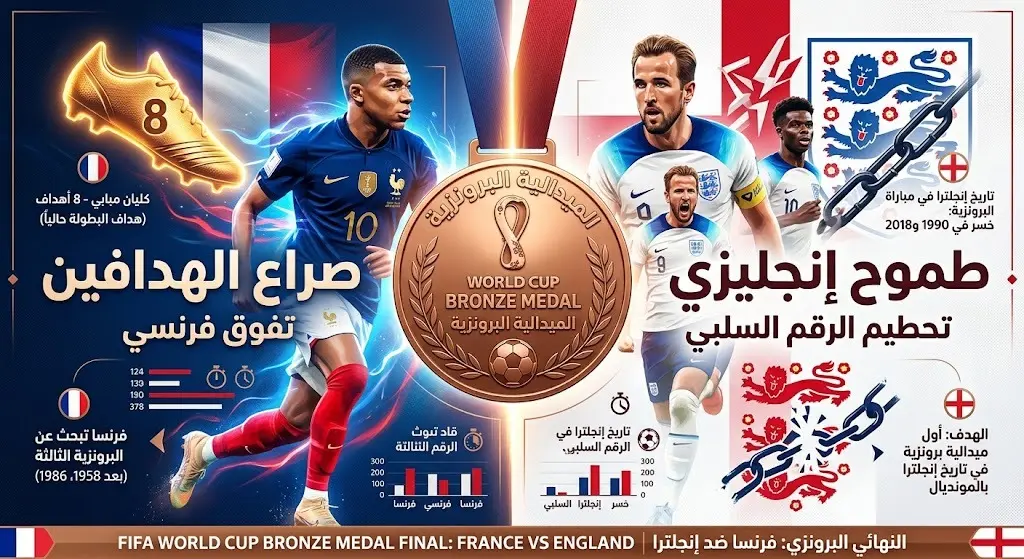 تصميم مقارنة بصري يبرز دوافع نجوم فرنسا وإنجلترا في المنافسة على الميدالية البرونزية وتأمين الحذاء الذهبي.