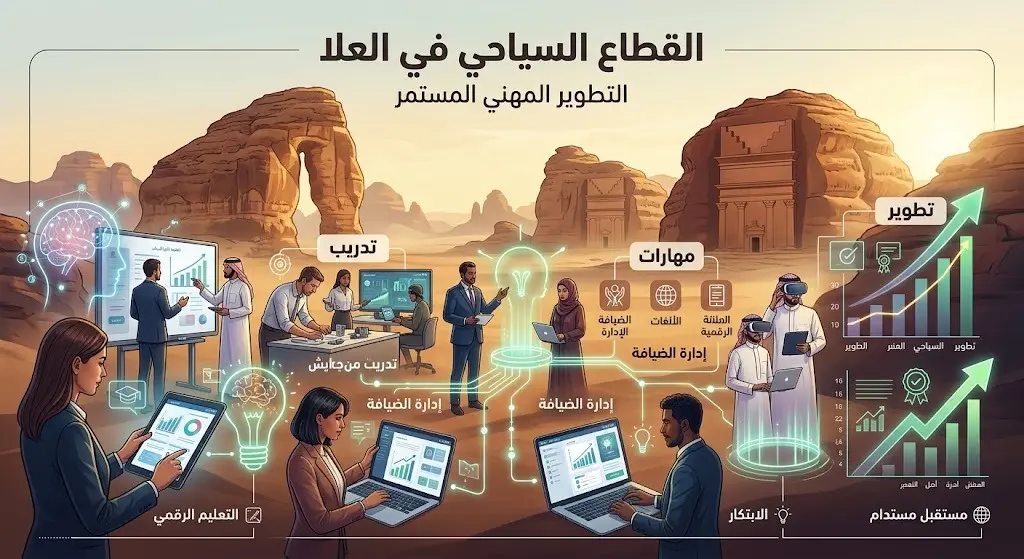 تصميم فني وإحصائي يدمج بين التدريب المهني ومعالم العلا التاريخية تعبيراً عن تطوير المهارات السياحية