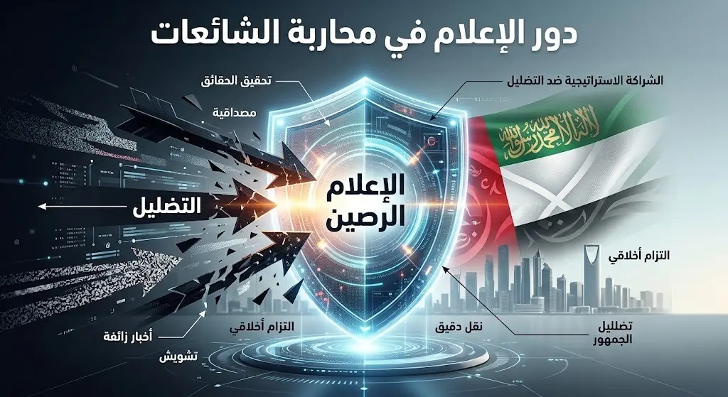 رسم تعبيري وإنفوجرافيك يجسد دور الإعلام كدرع واقٍ يتصدى للشائعات والأخبار المضللة لحماية العلاقات الاستراتيجية بين السعودية والإمارات.