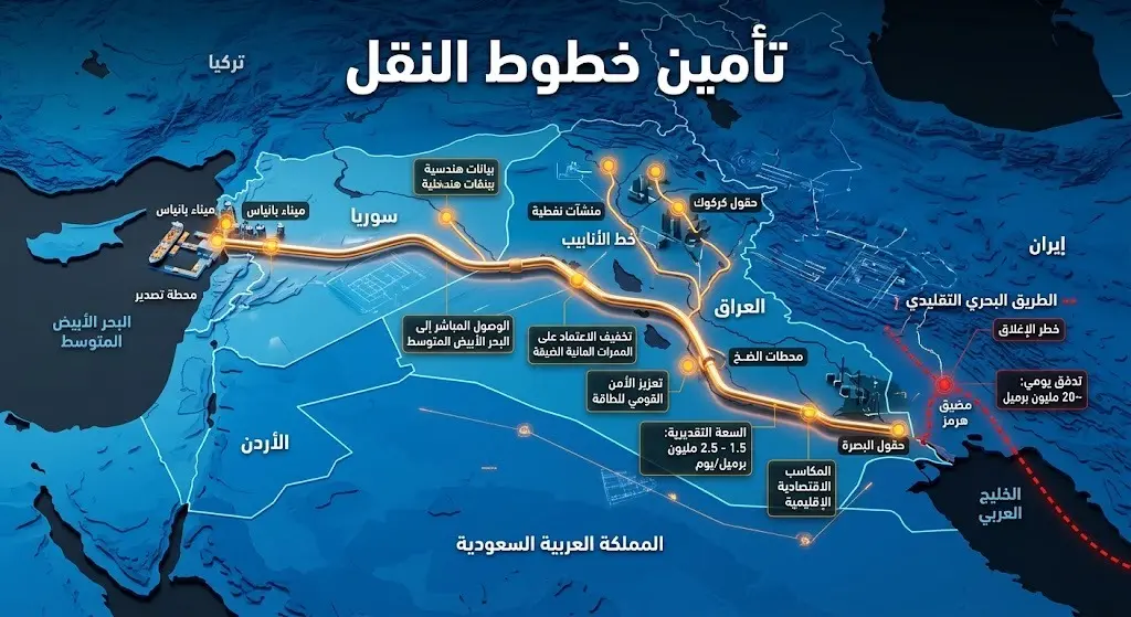 خريطة إنفوجرافيك توضح مسار خط أنابيب النفط الجديد بين العراق وسوريا كبديل استراتيجي لتجاوز مضيق هرمز.