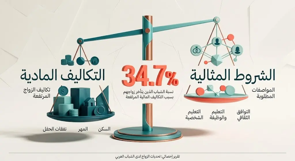 تصميم بياني يبرز إحصائية 34.7% المتعلقة بتأثير التكاليف المادية والشروط المثالية على قرار الزواج.