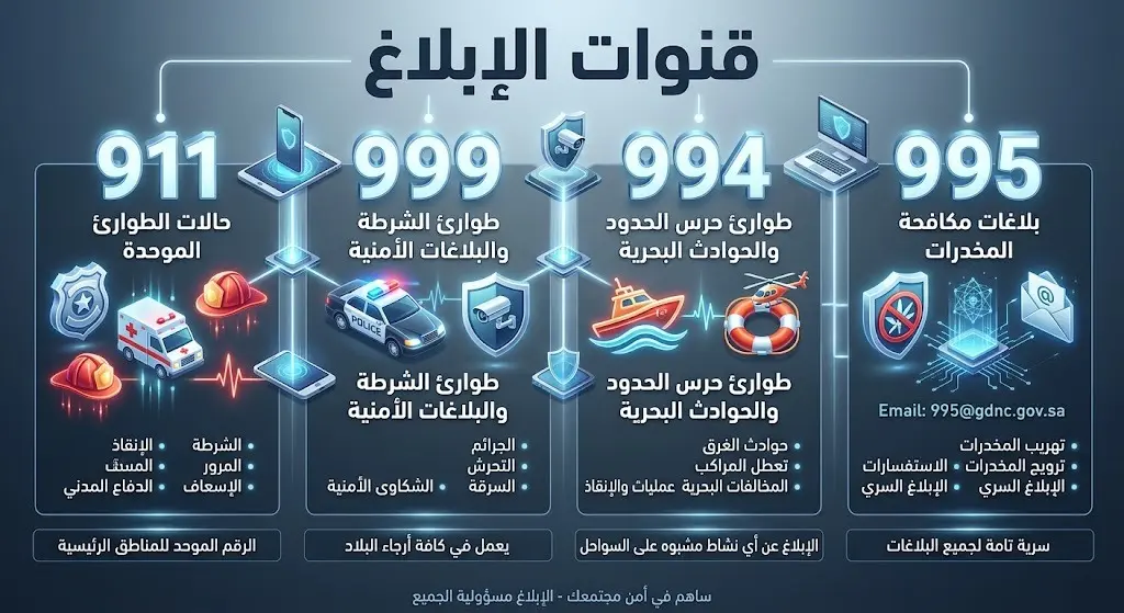 تصميم بصري يستعرض أرقام وقنوات التواصل المعتمدة للإبلاغ عن المخالفات وعمليات التهريب.