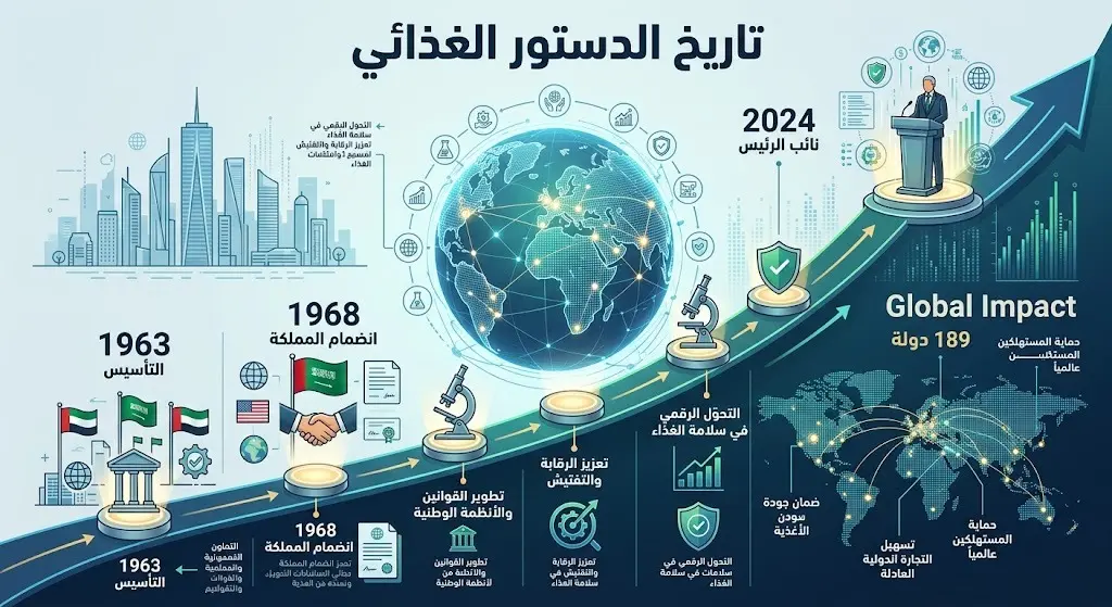 تسلسل زمني يبرز تاريخ تأسيس هيئة الدستور الغذائي ومحطات ريادة المملكة العربية السعودية فيها.