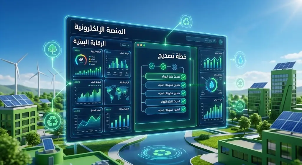 تصميم بصري حديث يمثل منصة إلكترونية للرقابة البيئية تظهر واجهات رقمية متطورة لتسهيل الإجراءات وتسجيل خطط التصحيح إلكترونياً.