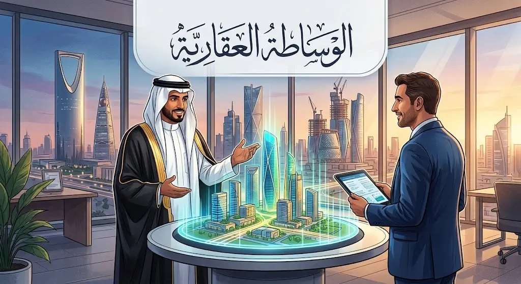 مشهد تعبيري يظهر وسيطاً عقارياً سعودياً يعرض نموذجاً معمارياً مضيئاً لمدينة الرياض، لتمثيل دور الوساطة في نمو القطاع العقاري وتوجهات رؤية 2030.