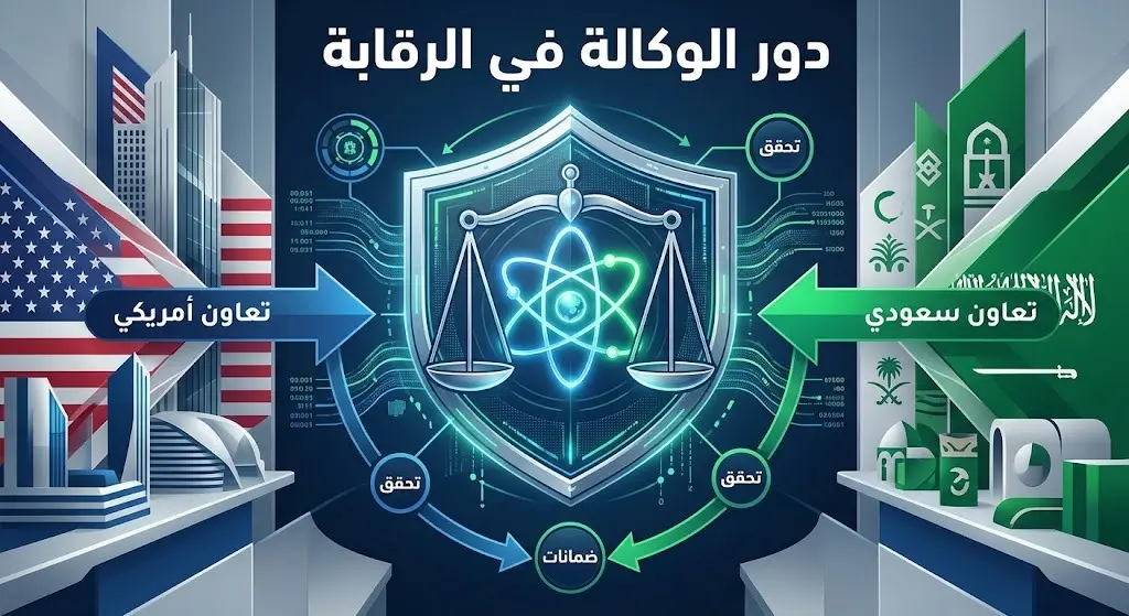 تصميم بياني يجسد دور الوكالة الدولية للطاقة الذرية في مراقبة اتفاق التعاون النووي المدني بين السعودية والولايات المتحدة عبر آليات التحقق والضمانات.