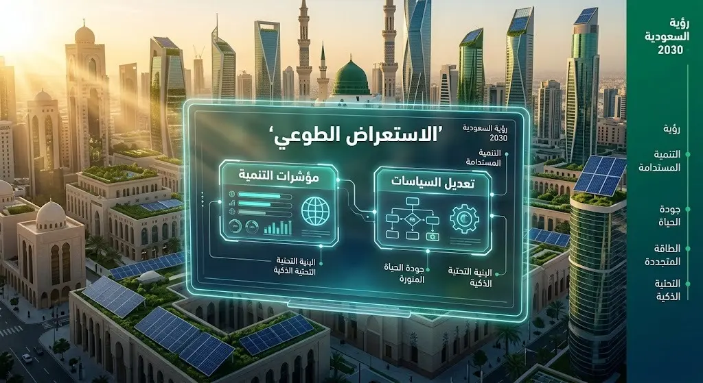 إنفوجرافيك تعبيري يدمج بين المعالم العمرانية المستدامة للمدينة المنورة وواجهة بيانات رقمية تبرز آليات الاستعراض الطوعي المحلي ضمن رؤية 2030.