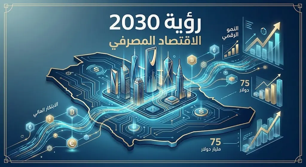 تصميم بصري إبداعي يدمج بين التطور العمراني الحديث في المملكة والشبكات الرقمية المالية، معبراً عن تأثير رؤية 2030 على القطاع المصرفي.
