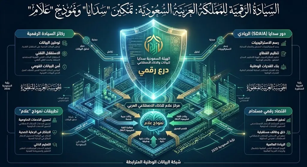 تصميم ثلاثي الأبعاد يعبر عن جهود سدايا في حماية السيادة الرقمية وتطوير نموذج علام للذكاء الاصطناعي في السعودية.