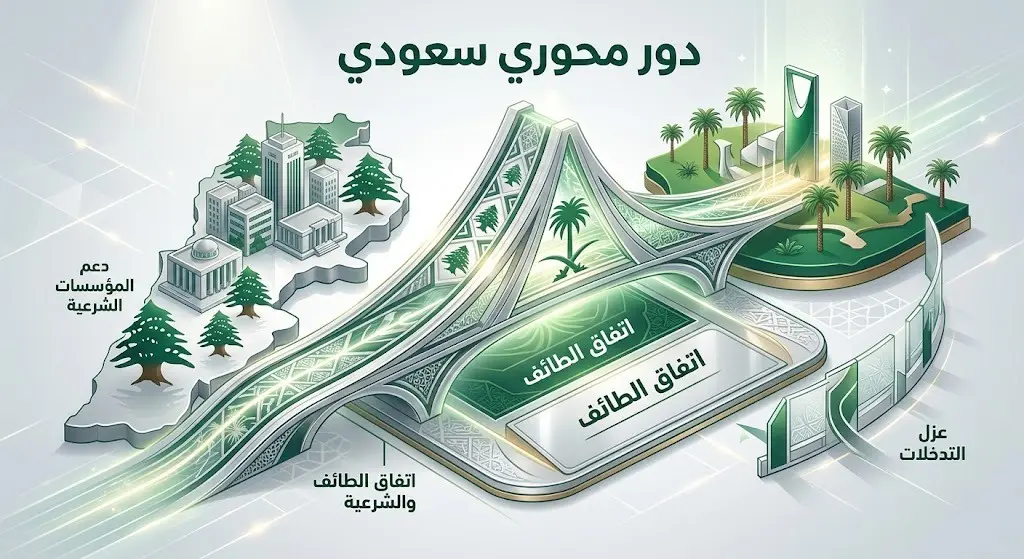 رسم تعبيري يبرز الدور الدبلوماسي السعودي في دعم مؤسسات الدولة اللبنانية وتطبيق اتفاق الطائف.