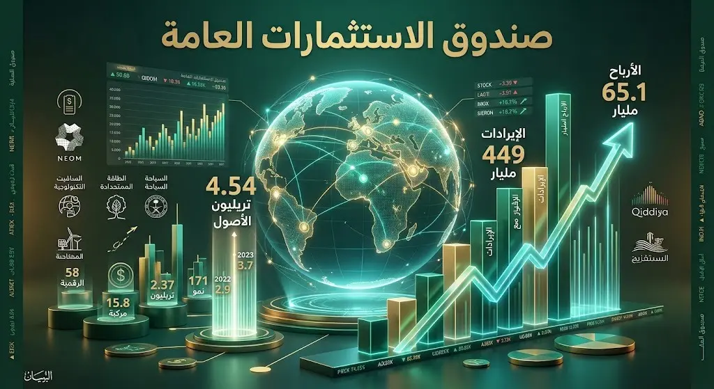 إنفوجرافيك مالي متطور يوضح نمو أصول وأرباح صندوق الاستثمارات العامة مع رسوم بيانية خضراء وذهبية صاعدة.
