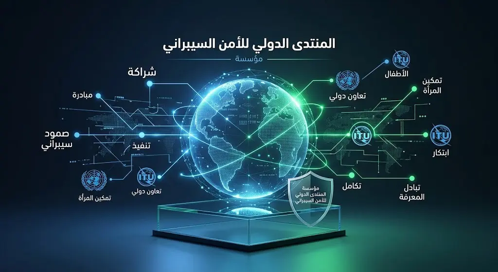 رسم تعبيري يبرز دور مؤسسة المنتدى الدولي للأمن السيبراني في قيادة الشراكات العالمية وتنفيذ المبادرات الأممية.